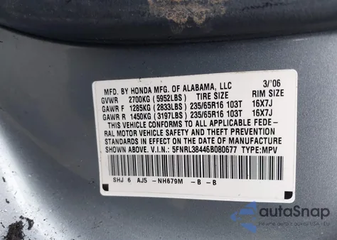 2006 Honda Odyssey Ex z USA, uszkodzony, nr VIN 5FNRL38446B080677